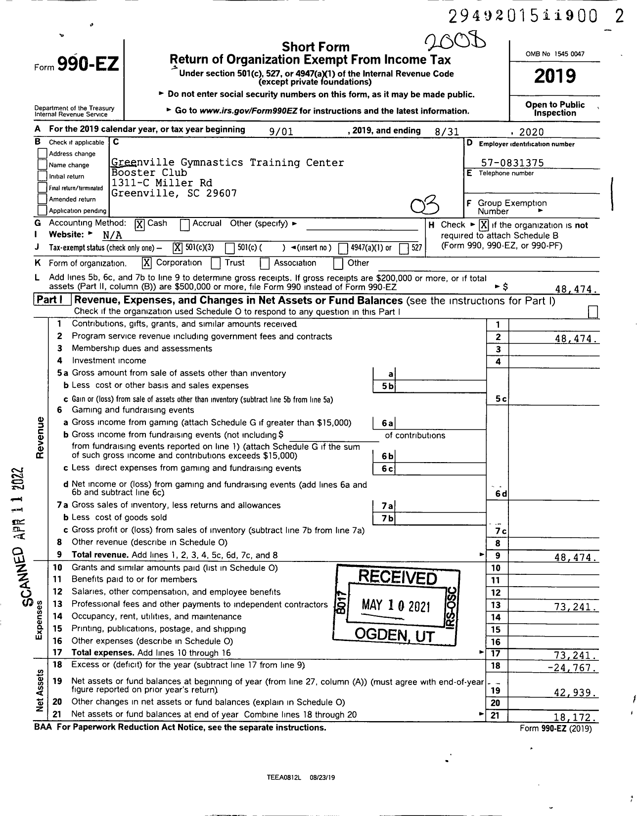 Image of first page of 2019 Form 990EZ for Greenville Gymnastics Training Center Booster Club