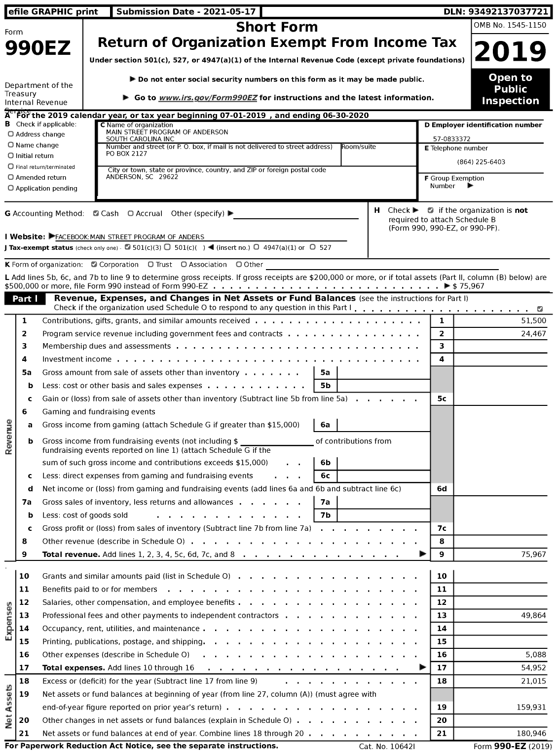 Image of first page of 2019 Form 990EZ for Main Street Program of Anderson South Carolina