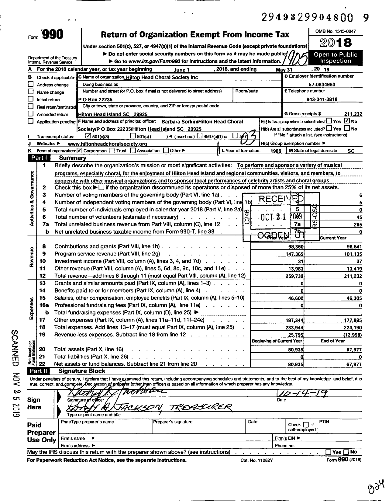 Image of first page of 2018 Form 990 for Hilton Head Choral Society