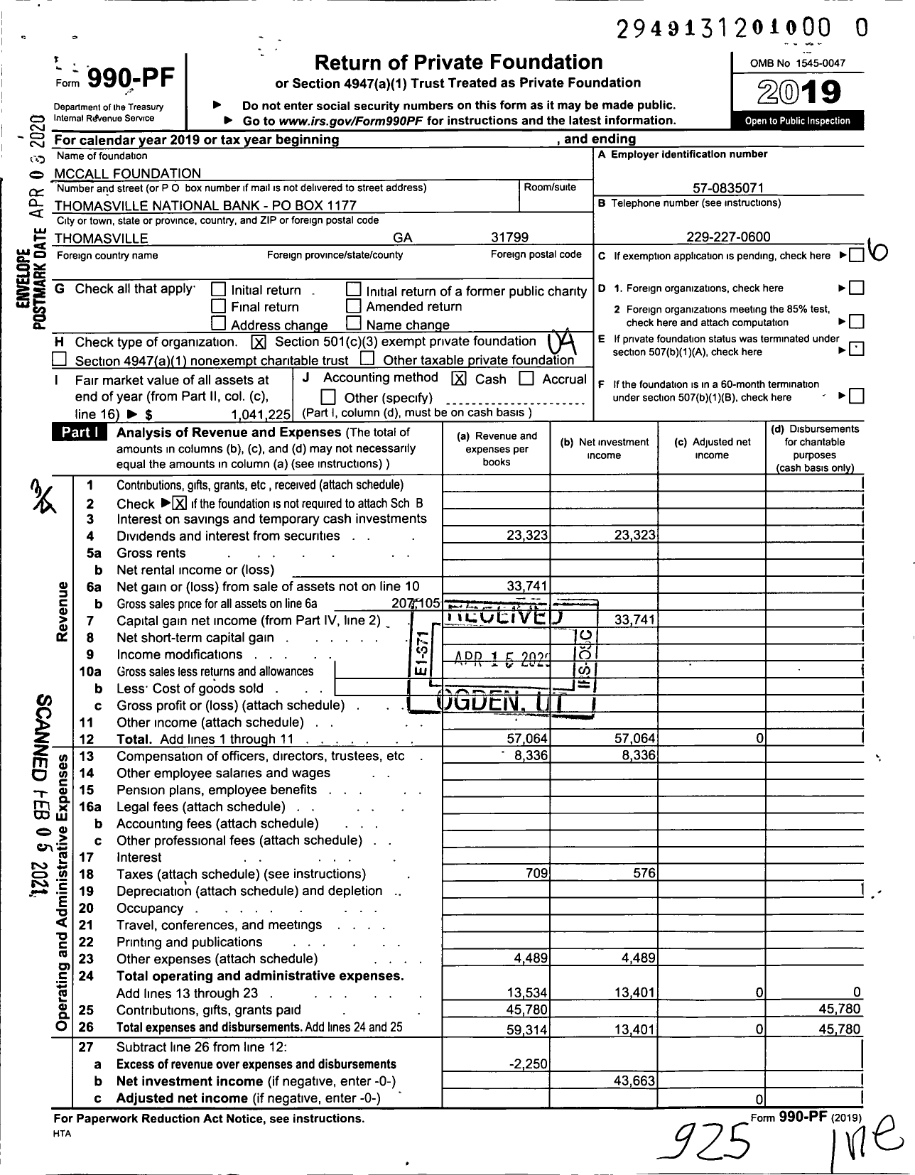 Image of first page of 2019 Form 990PF for Mccall Foundation / 2019001739