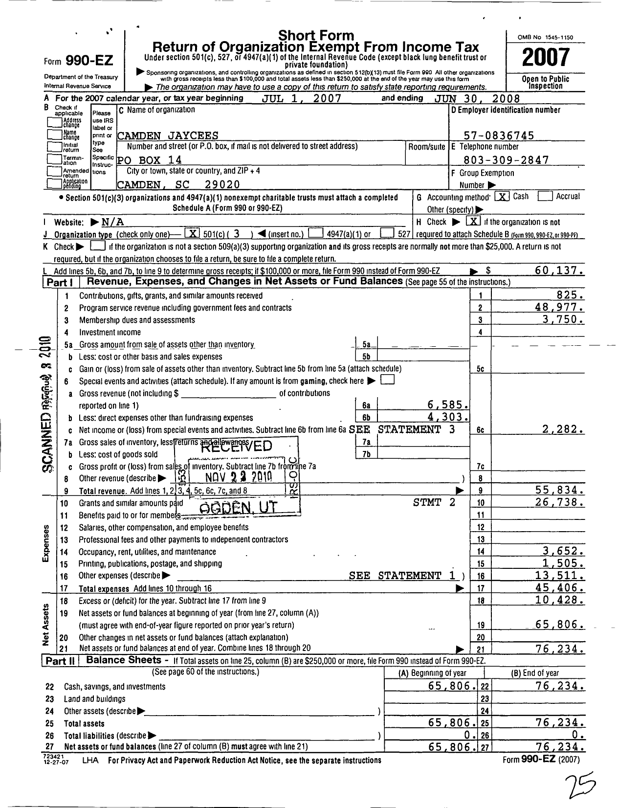 Image of first page of 2007 Form 990EZ for United States Junior Chamber of Commerce / Camden Jaycees