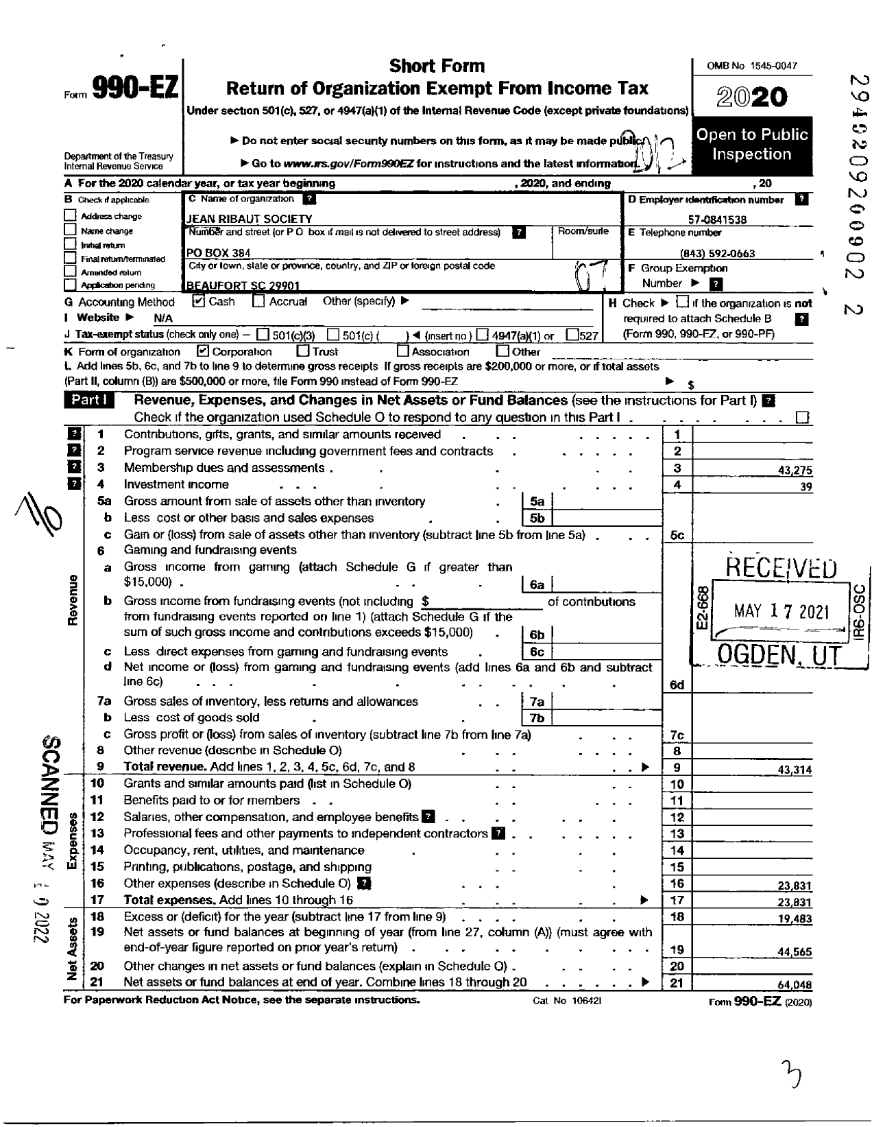 Image of first page of 2020 Form 990EO for The Jean Ribaut Society