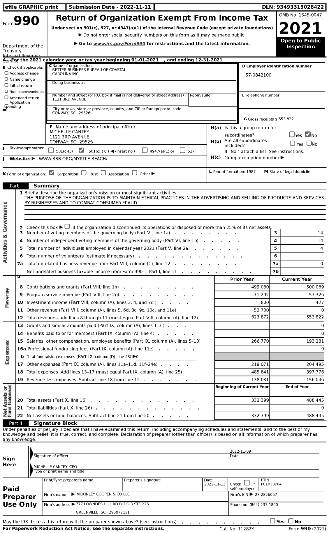 Image of first page of 2021 Form 990 for Better Business Bureau of Coastal Carolina