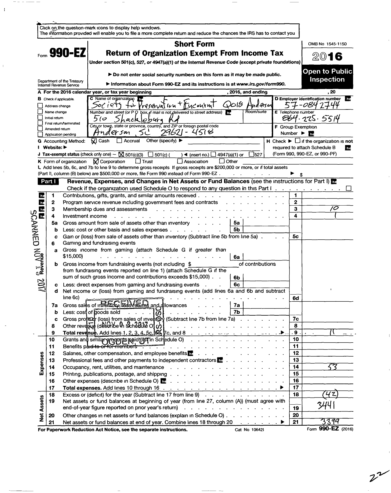 Image of first page of 2016 Form 990EZ for Barbershop Harmony Society - Q018 Anderson