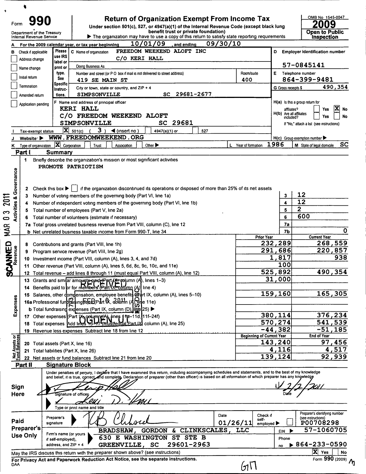 Image of first page of 2009 Form 990 for Freedom Weekend Aloft