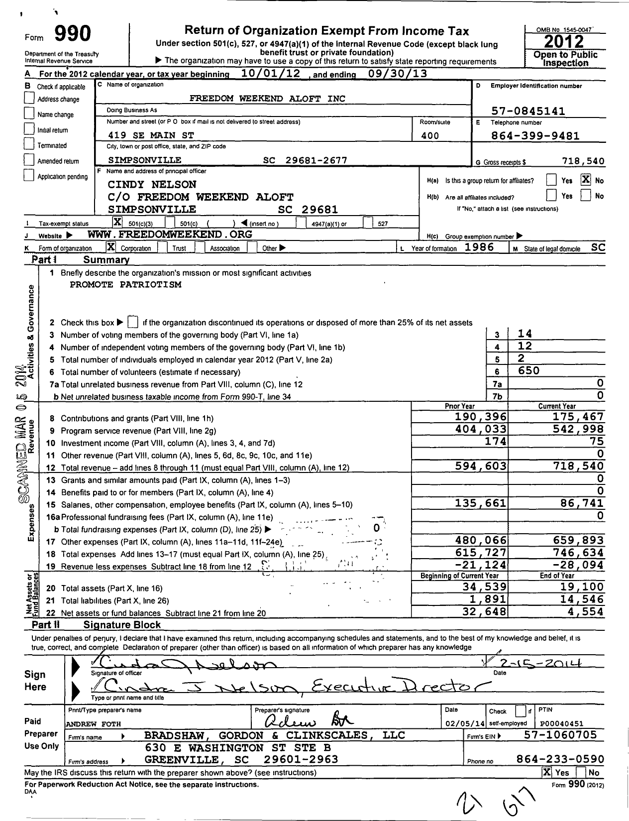 Image of first page of 2012 Form 990 for Freedom Weekend Aloft