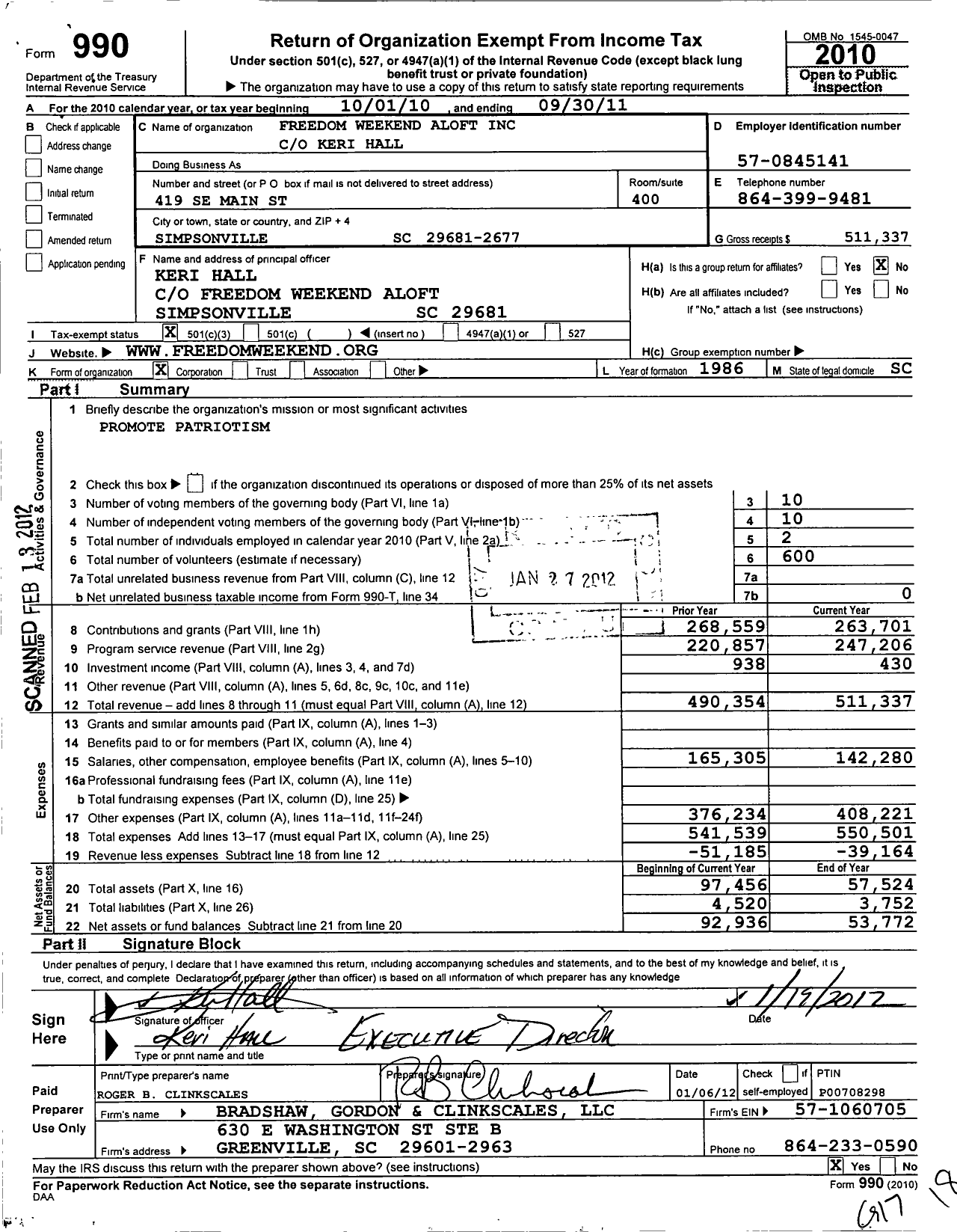 Image of first page of 2010 Form 990 for Freedom Weekend Aloft