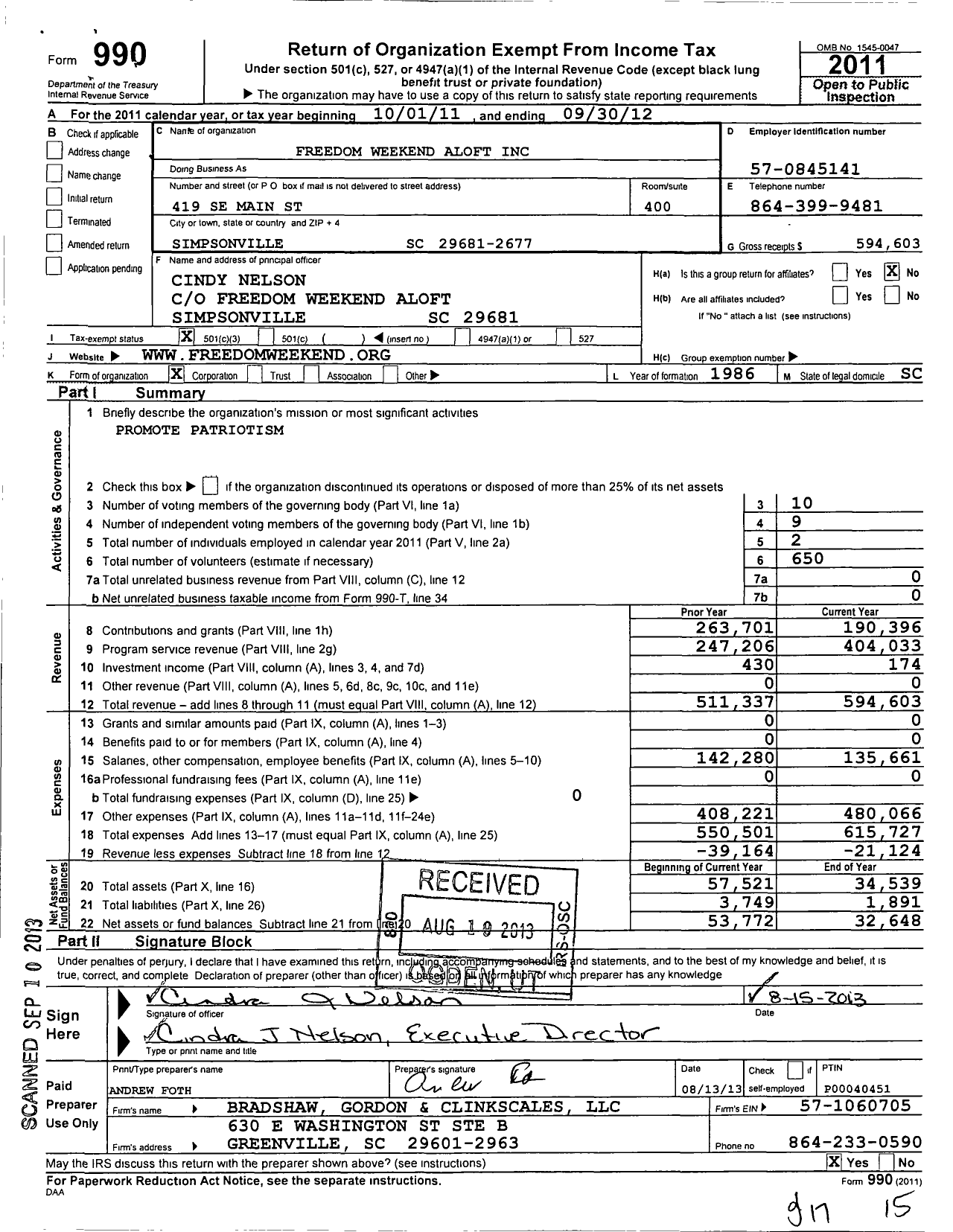 Image of first page of 2011 Form 990 for Freedom Weekend Aloft