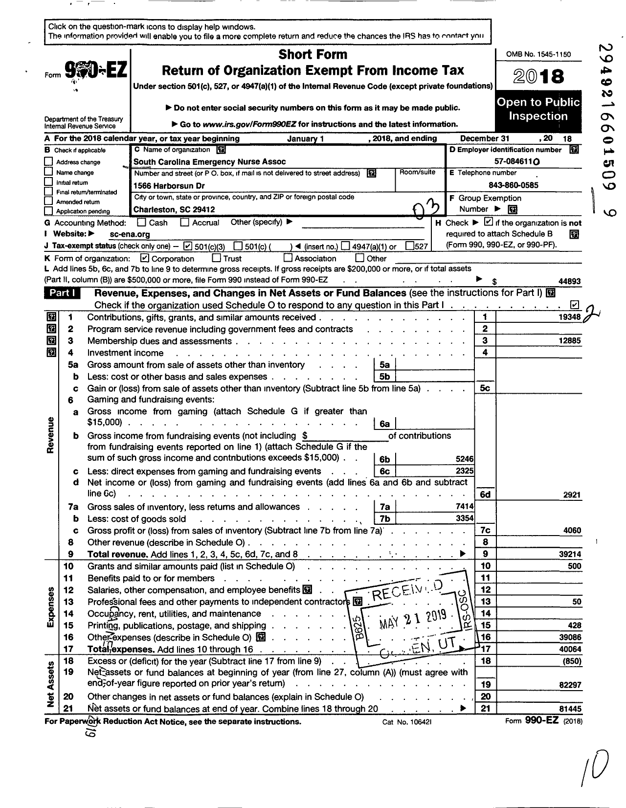 Image of first page of 2018 Form 990EZ for South Carolina Emergency Nurse Assoc