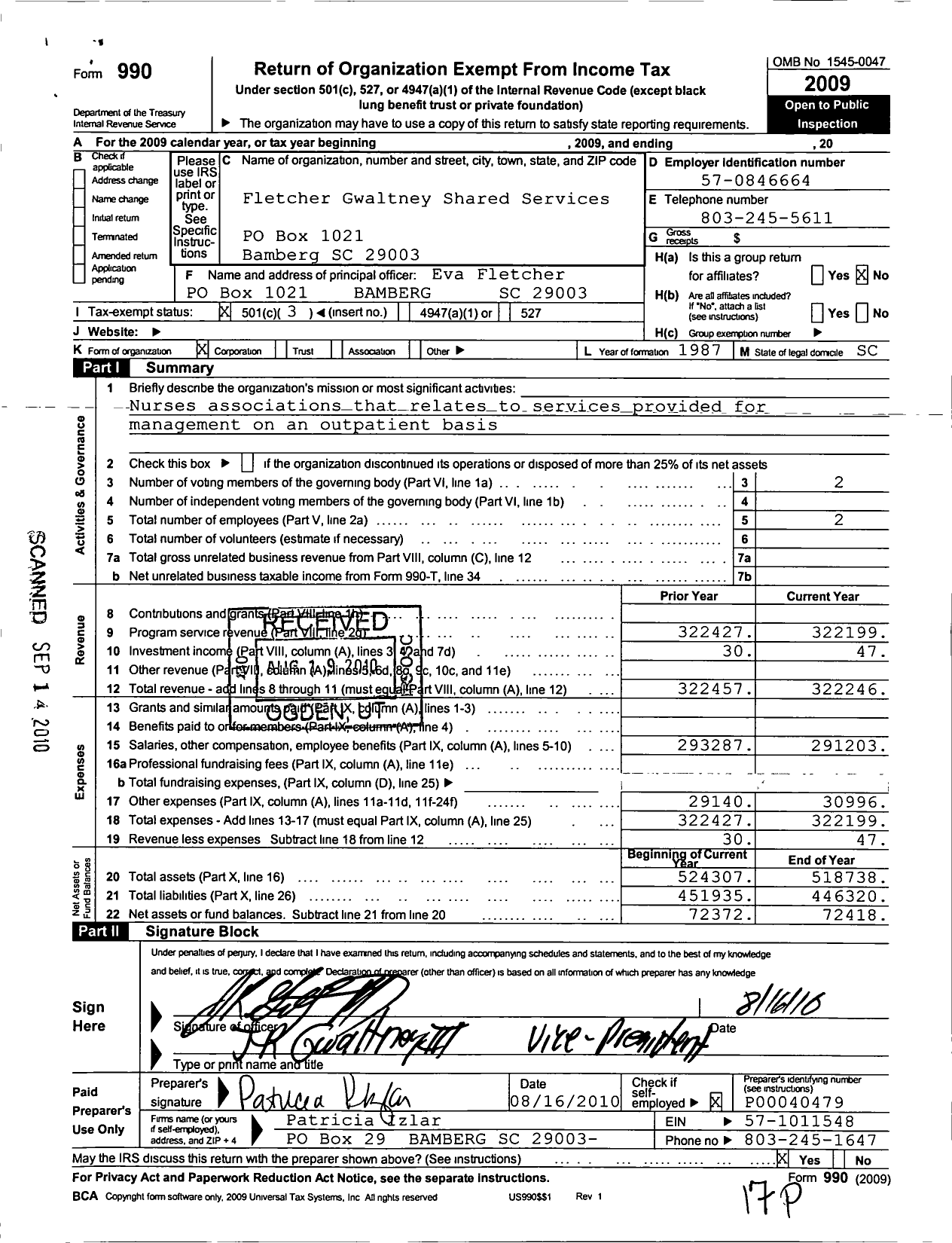 Image of first page of 2009 Form 990 for Fletcher Gwaltney Shared Services