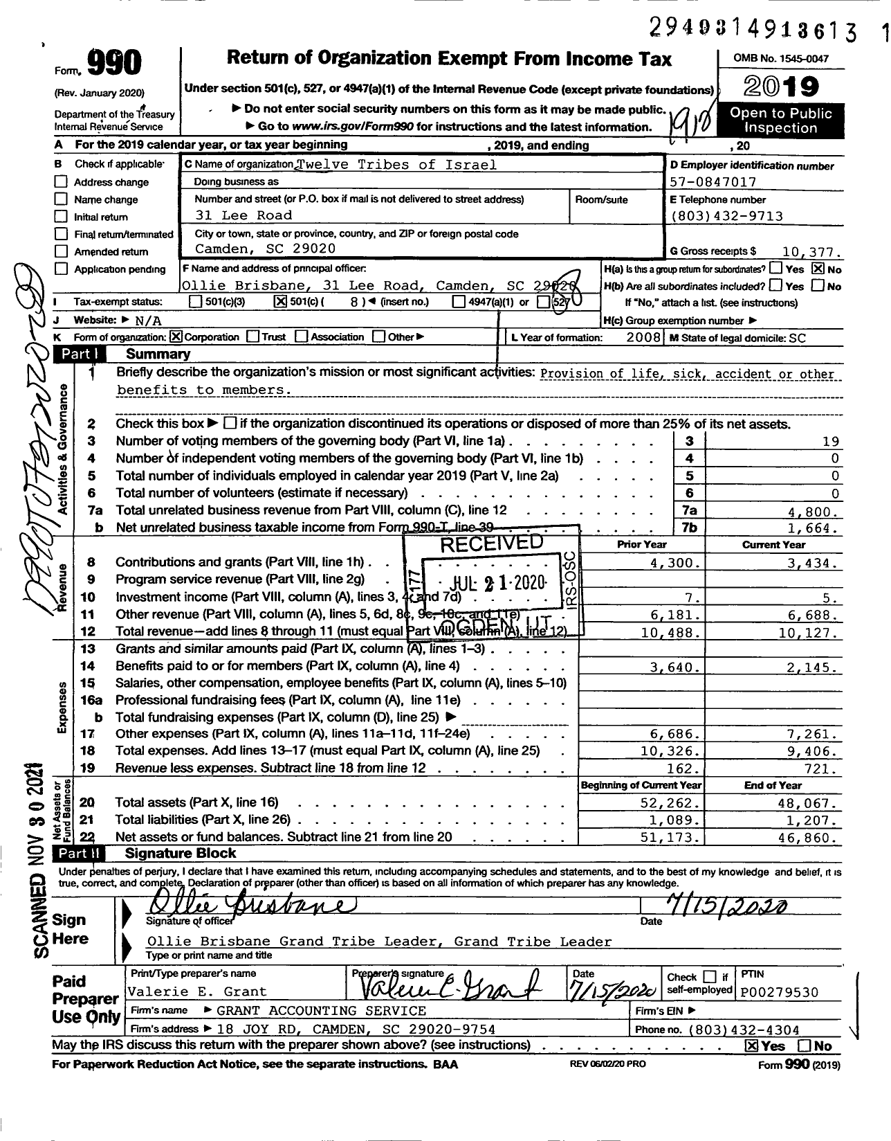 Image of first page of 2019 Form 990O for Twelve Tribes of Israel