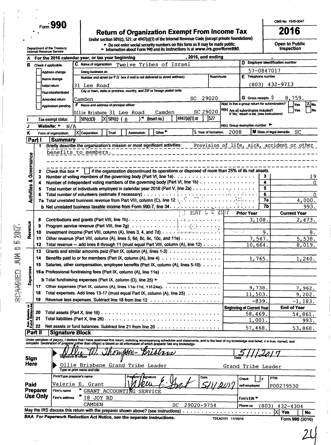 Image of first page of 2016 Form 990O for Twelve Tribes of Israel