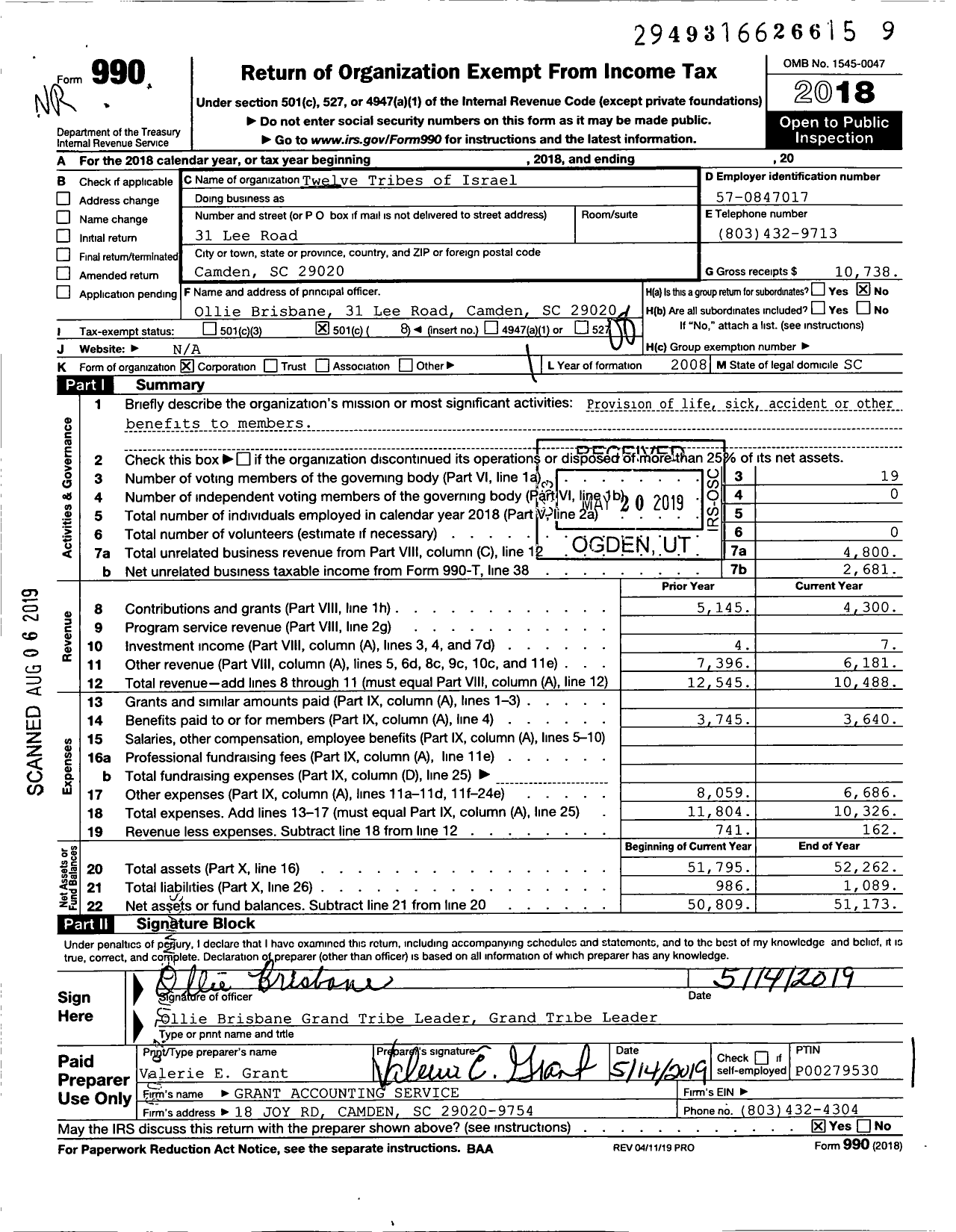 Image of first page of 2018 Form 990O for Twelve Tribes of Israel