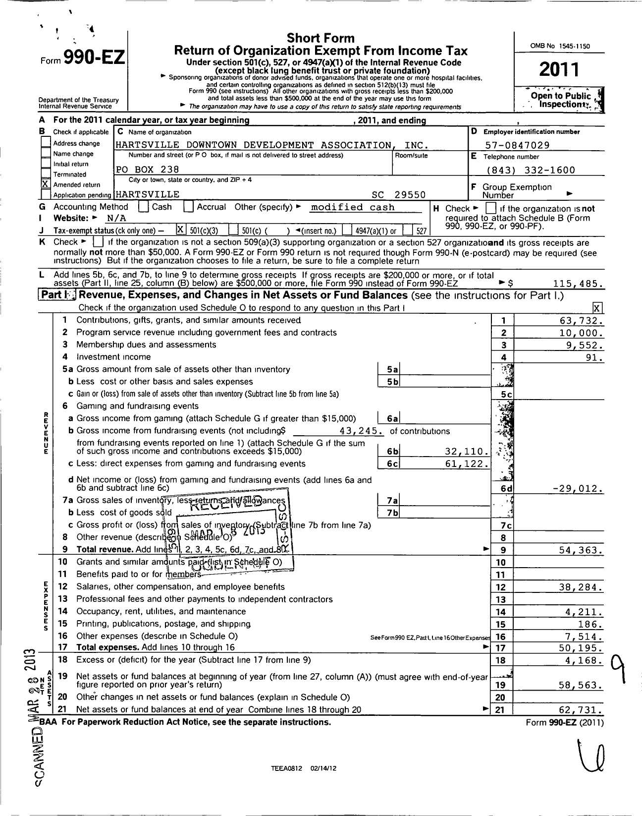 Image of first page of 2011 Form 990EZ for Hartsville Downtown Development Association