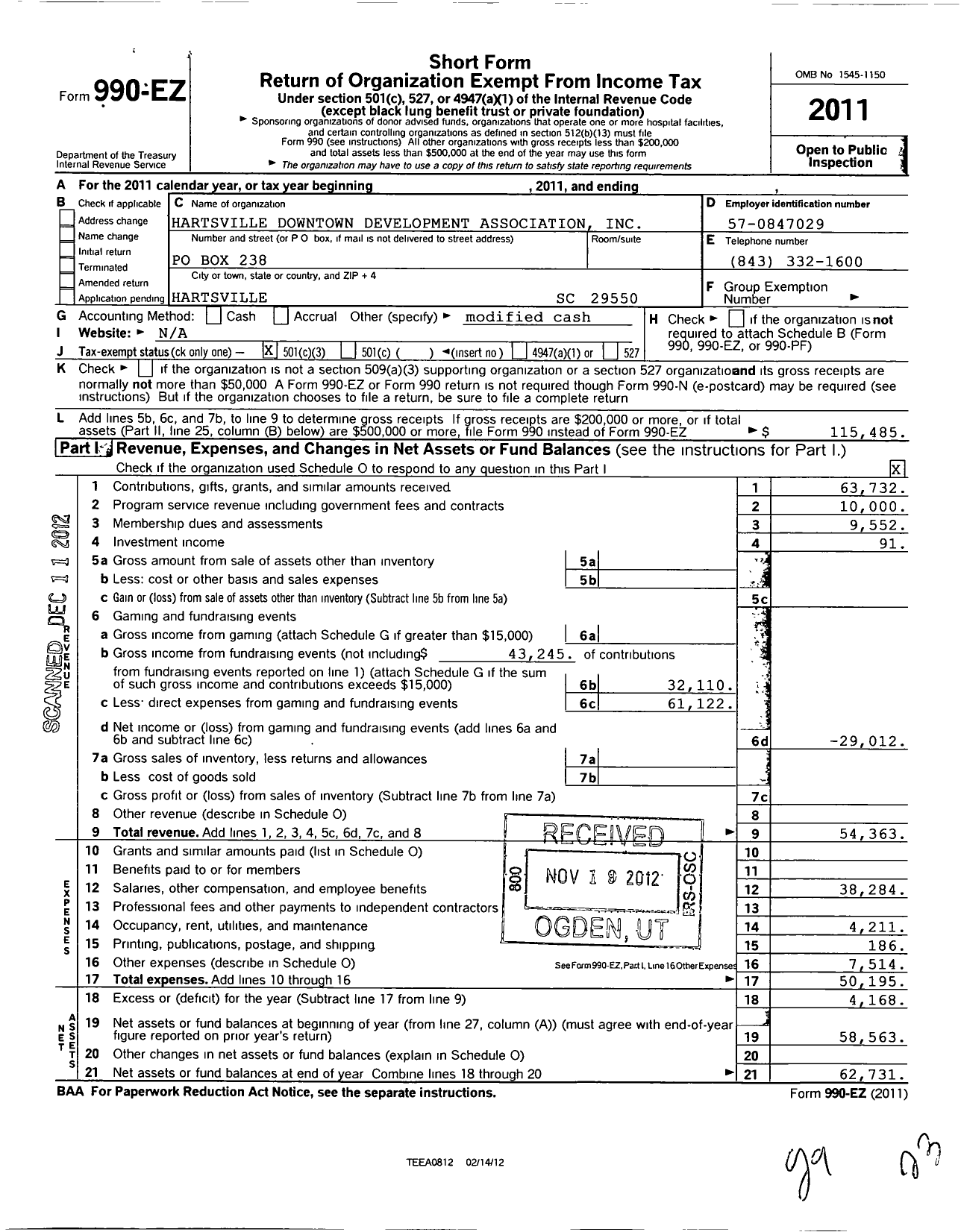 Image of first page of 2011 Form 990EZ for Hartsville Downtown Development Association