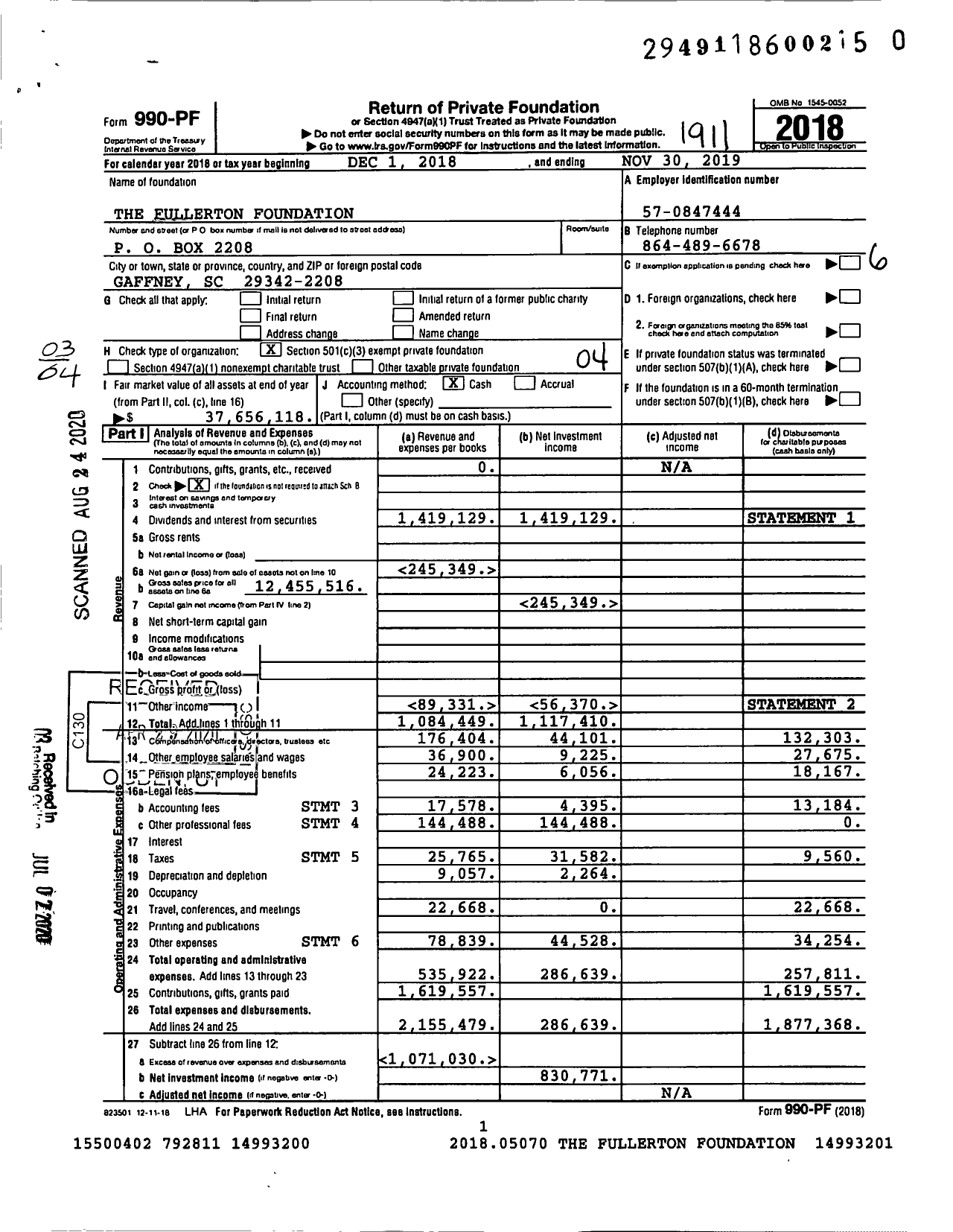 Image of first page of 2018 Form 990PR for The Fullerton Foundation