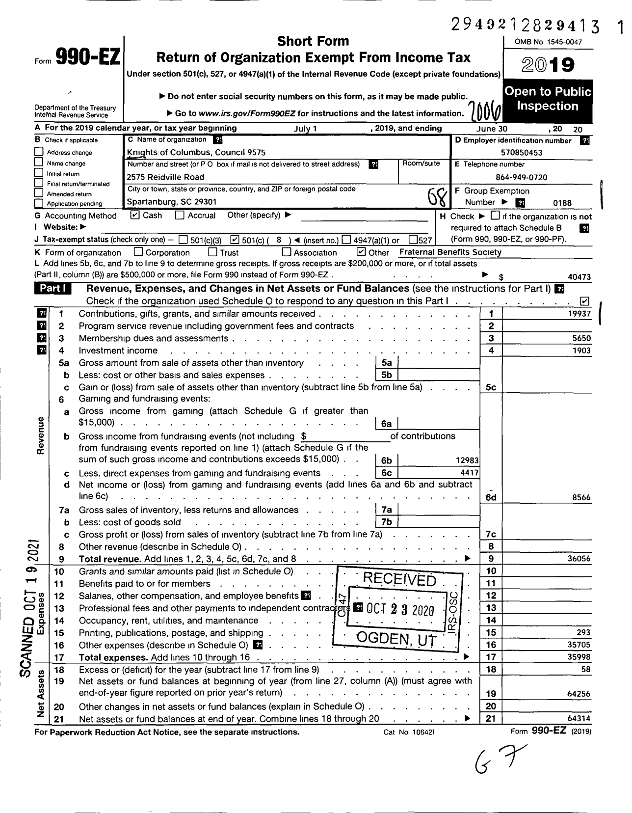 Image of first page of 2019 Form 990EO for Knights of Columbus - 9575 Mary Queen of Peace Council