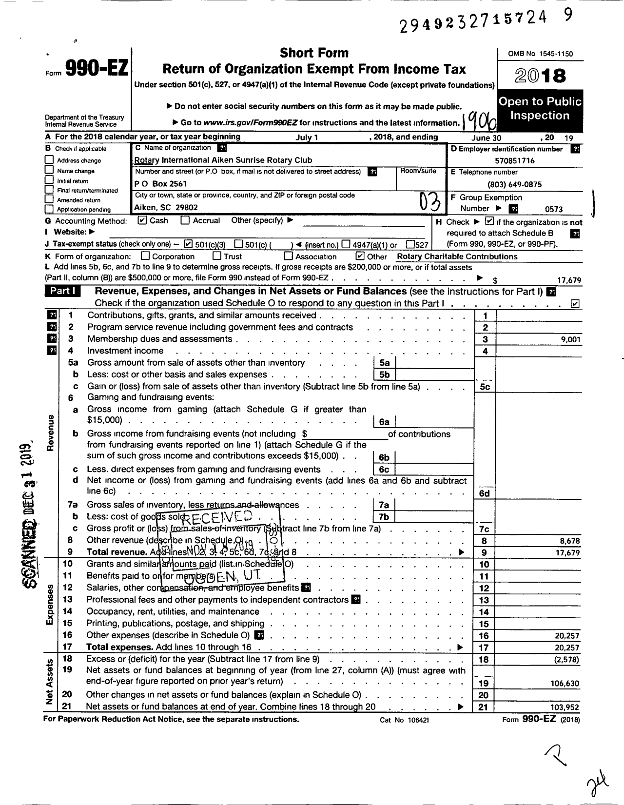 Image of first page of 2018 Form 990EZ for Rotary International - Aiken Sunrise Rotary Club