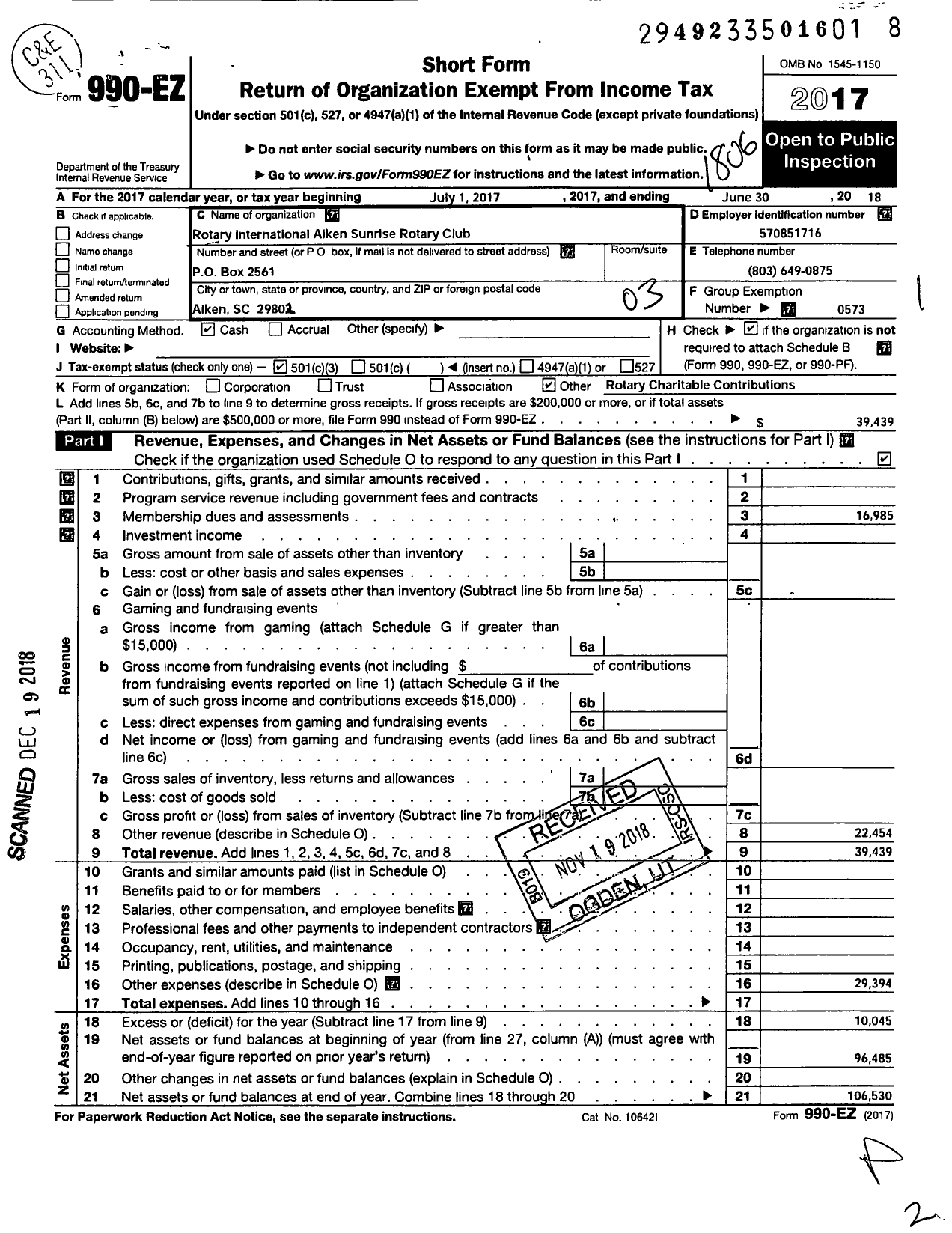 Image of first page of 2017 Form 990EZ for Rotary International - Aiken Sunrise Rotary Club