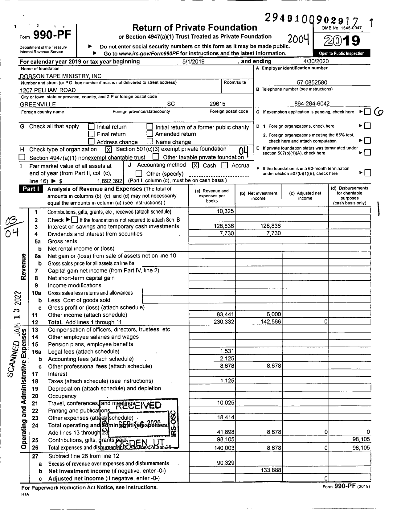 Image of first page of 2019 Form 990PF for Dobson Tape Ministry