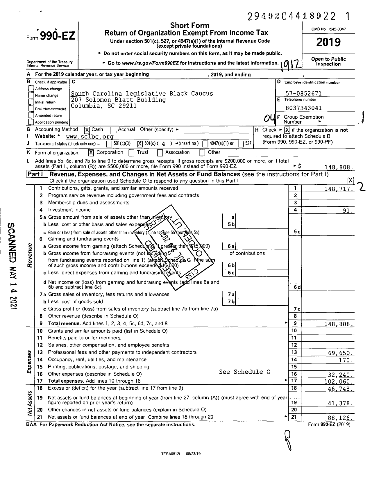 Image of first page of 2019 Form 990EO for South Carolina Legislative Black Caucus