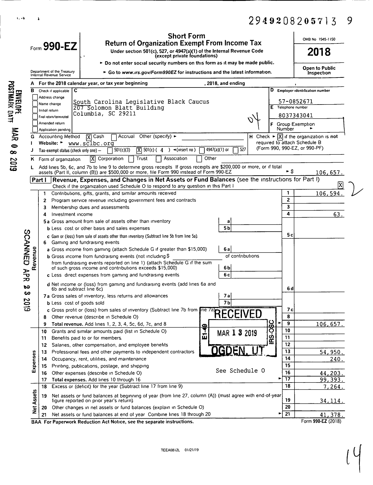 Image of first page of 2018 Form 990EO for South Carolina Legislative Black Caucus