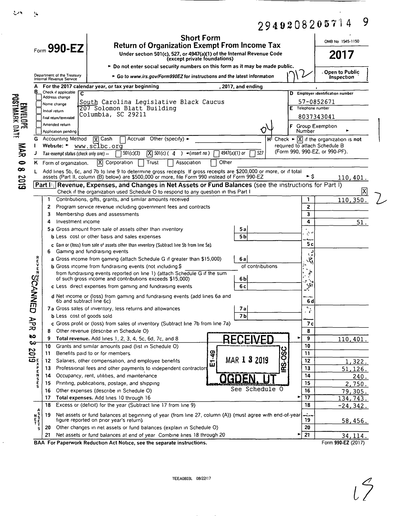 Image of first page of 2017 Form 990EO for South Carolina Legislative Black Caucus