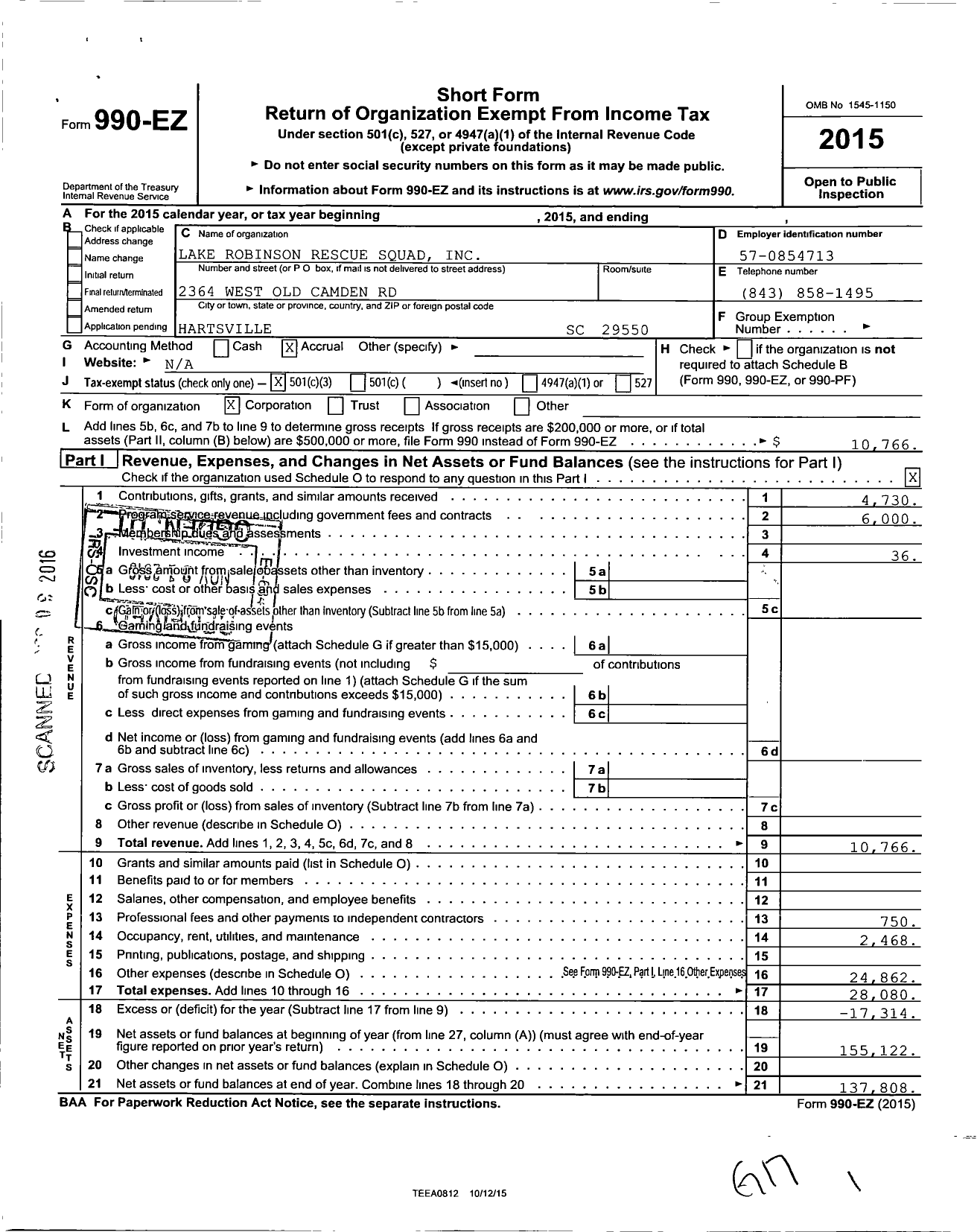 Image of first page of 2015 Form 990EZ for Lake Robinson Rescue Squad
