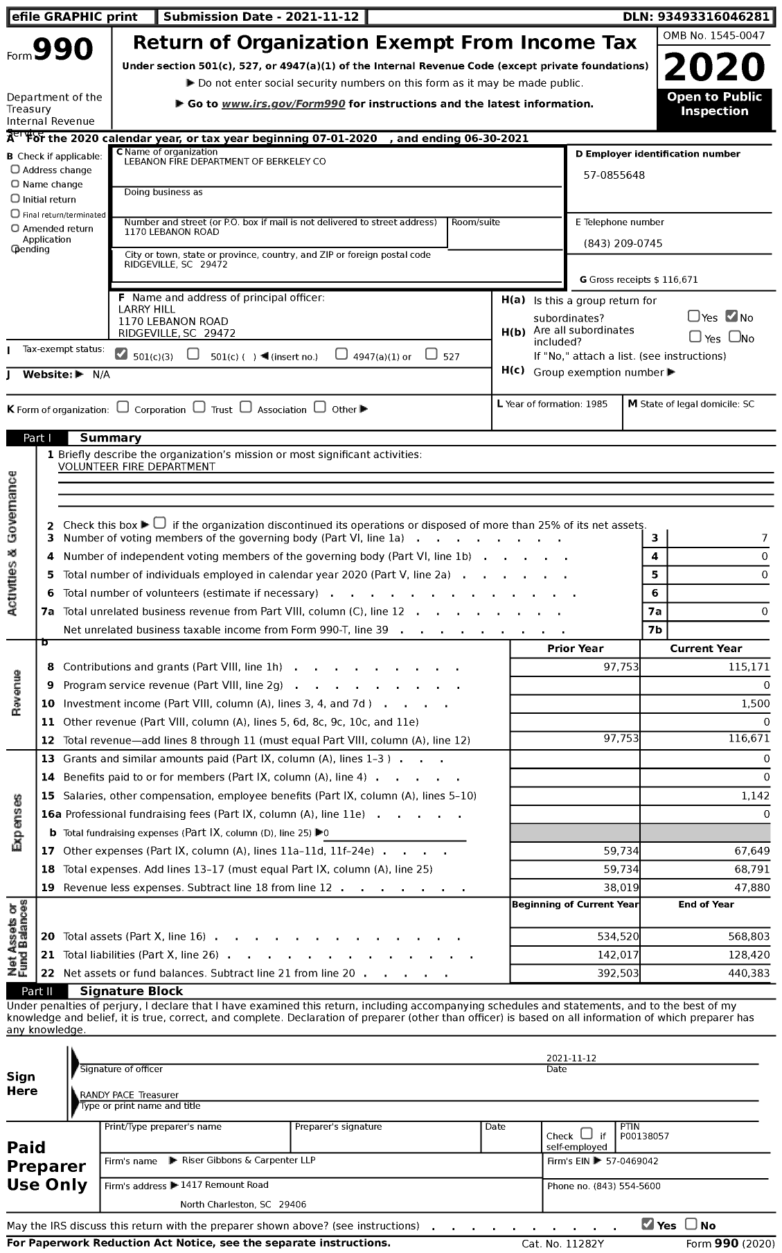 Image of first page of 2020 Form 990 for Lebanon Fire Department of Berkeley
