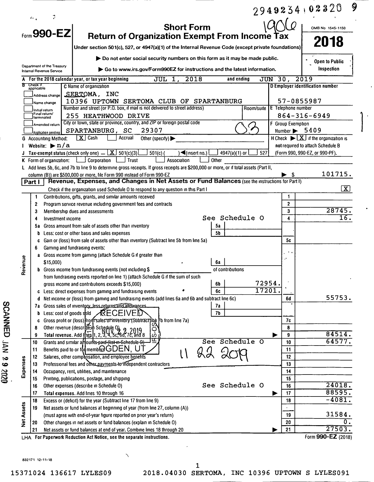 Image of first page of 2018 Form 990EZ for Sertoma - 10396 Uptown Sertoma Club of Sparta