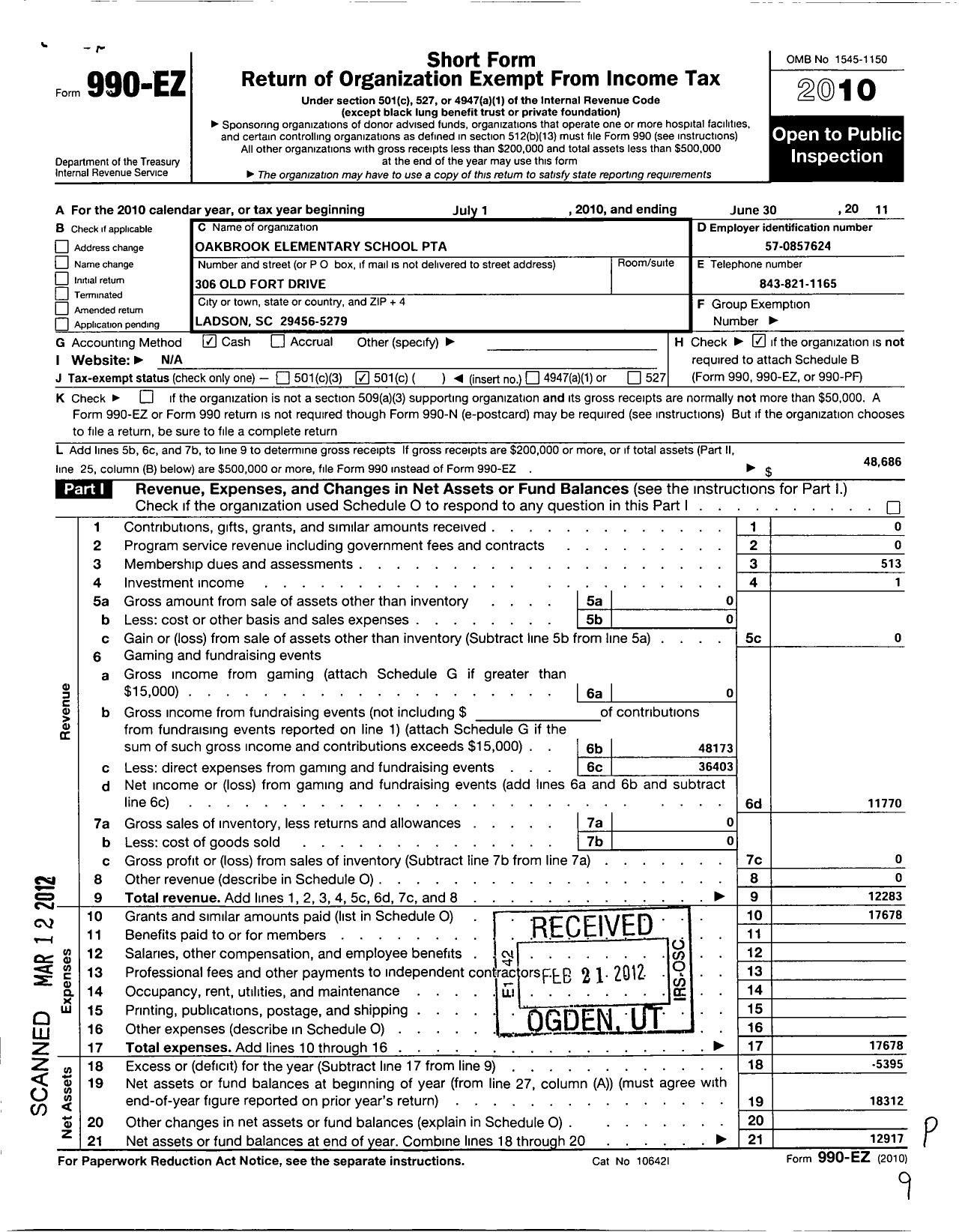 Image of first page of 2010 Form 990EO for South Carolina Congress of Parents and Teachers / Oakbrook Elementary