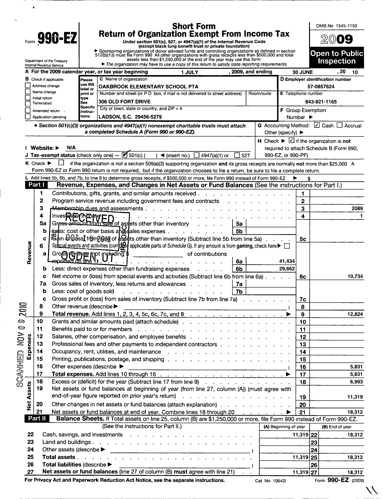 Image of first page of 2009 Form 990EO for South Carolina Congress of Parents and Teachers / Oakbrook Elementary