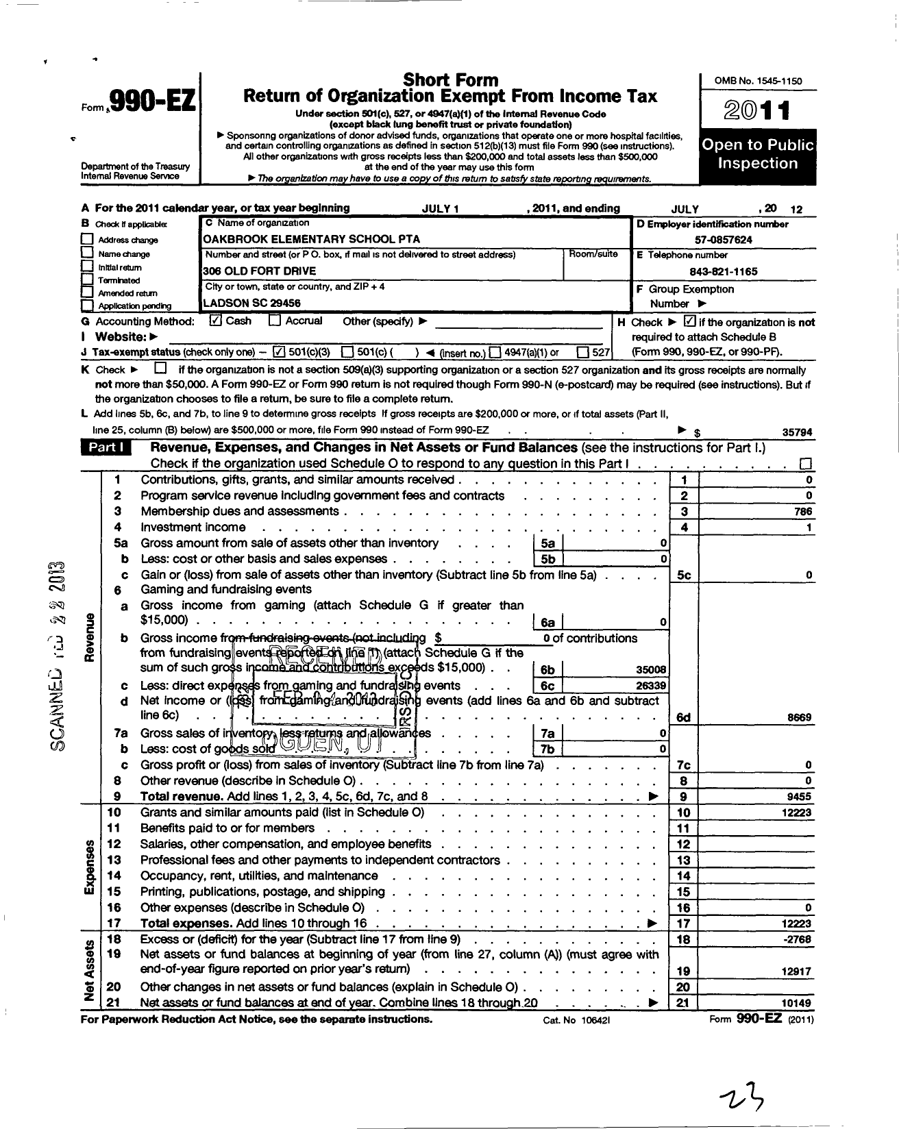 Image of first page of 2011 Form 990EZ for South Carolina Congress of Parents and Teachers / Oakbrook Elementary