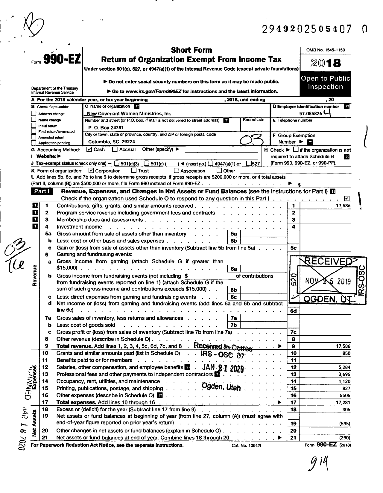 Image of first page of 2018 Form 990EZ for New Covenant Women Ministries