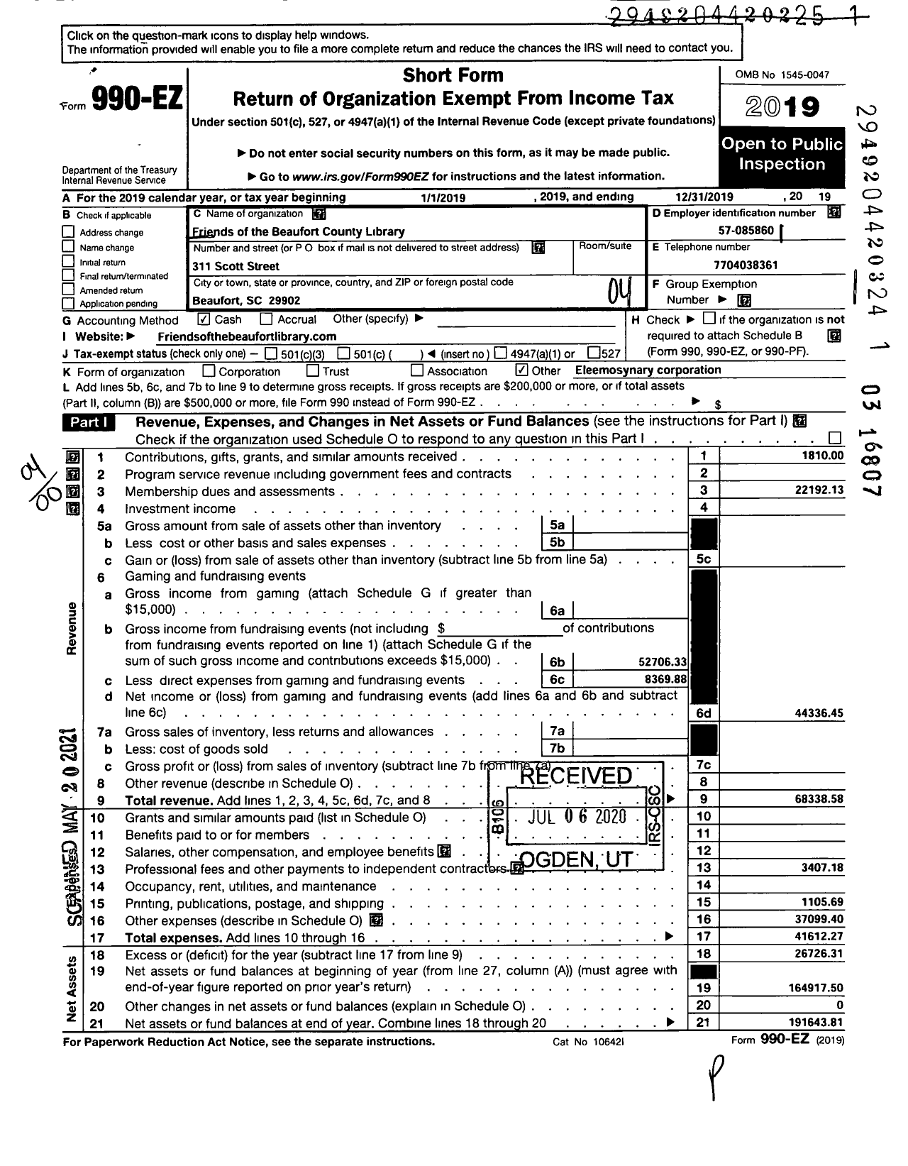 Image of first page of 2019 Form 990EO for Friends of the Beaufort County Library