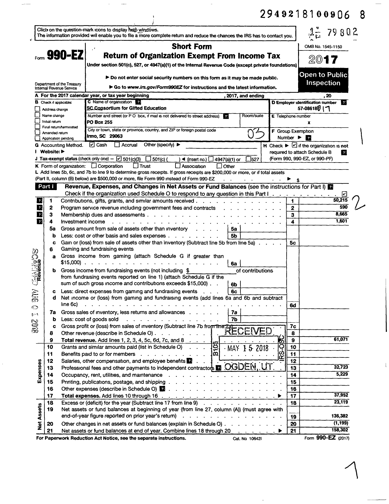 Image of first page of 2017 Form 990EZ for SC Consortium for Gifted Education