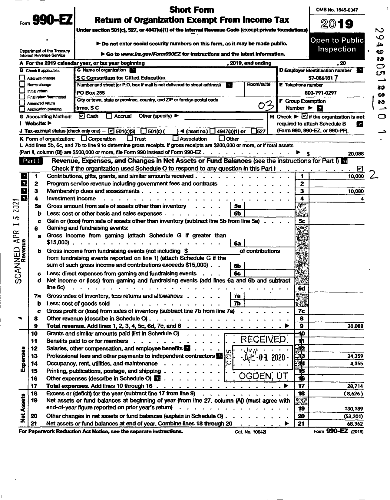 Image of first page of 2019 Form 990EZ for SC Consortium for Gifted Education