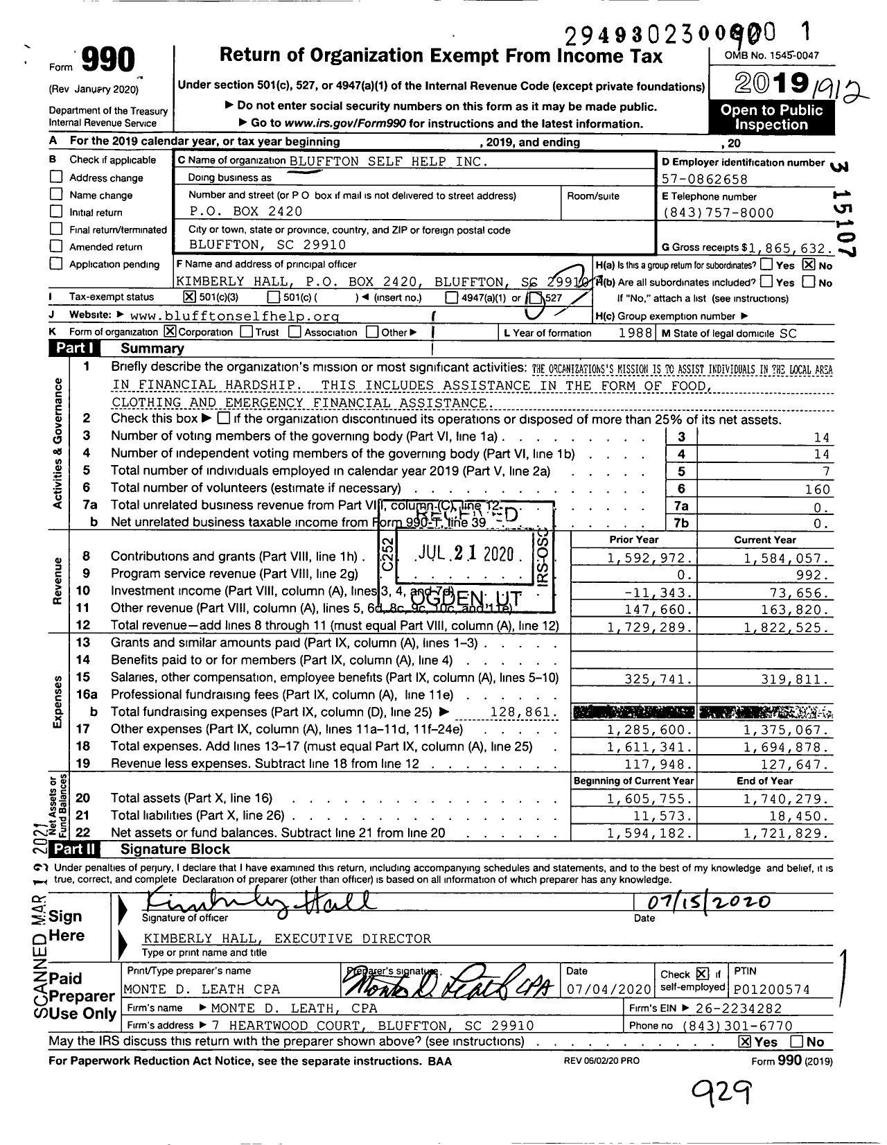 Image of first page of 2019 Form 990 for Bluffton Self Help