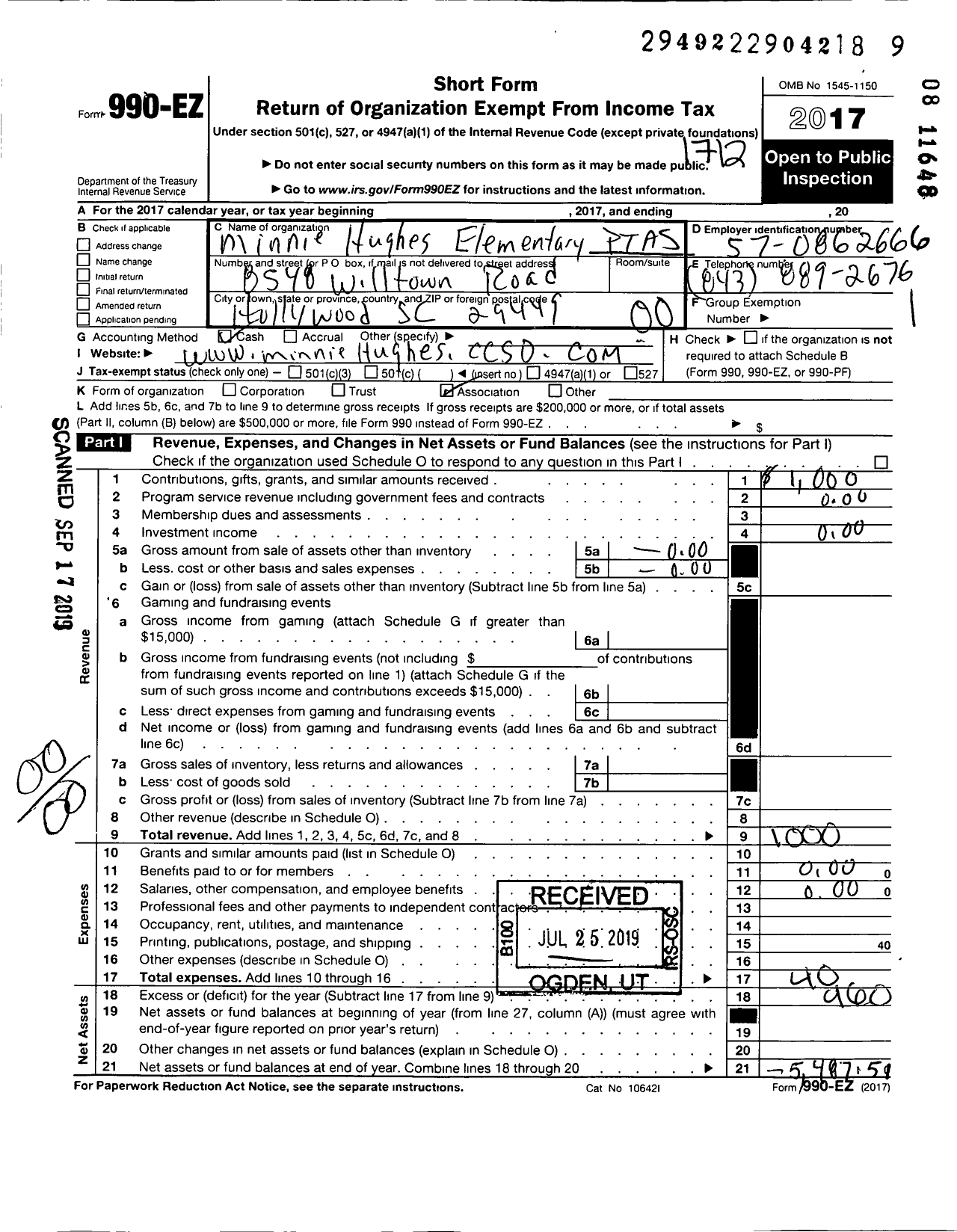 Image of first page of 2017 Form 990EO for PTA Minnie Hughes Elementary