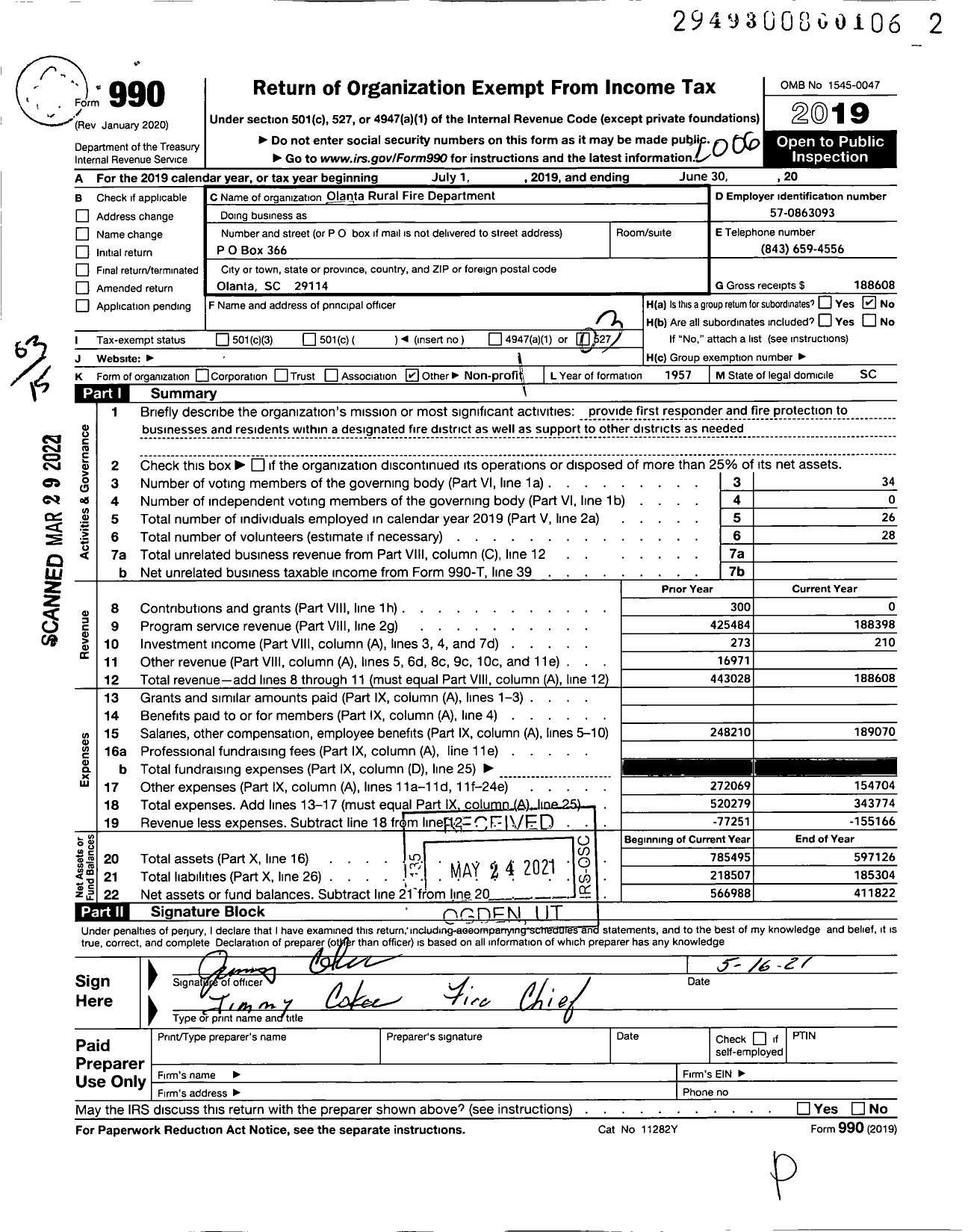 Image of first page of 2019 Form 990 for Olanta Rural Fire Department