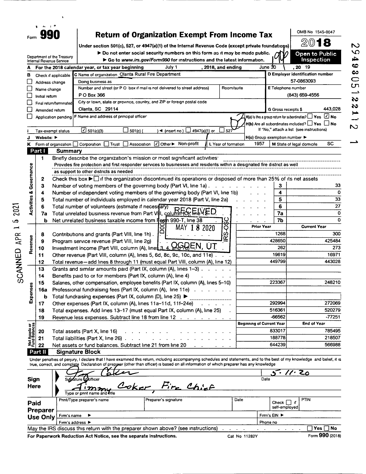 Image of first page of 2018 Form 990 for Olanta Rural Fire Department