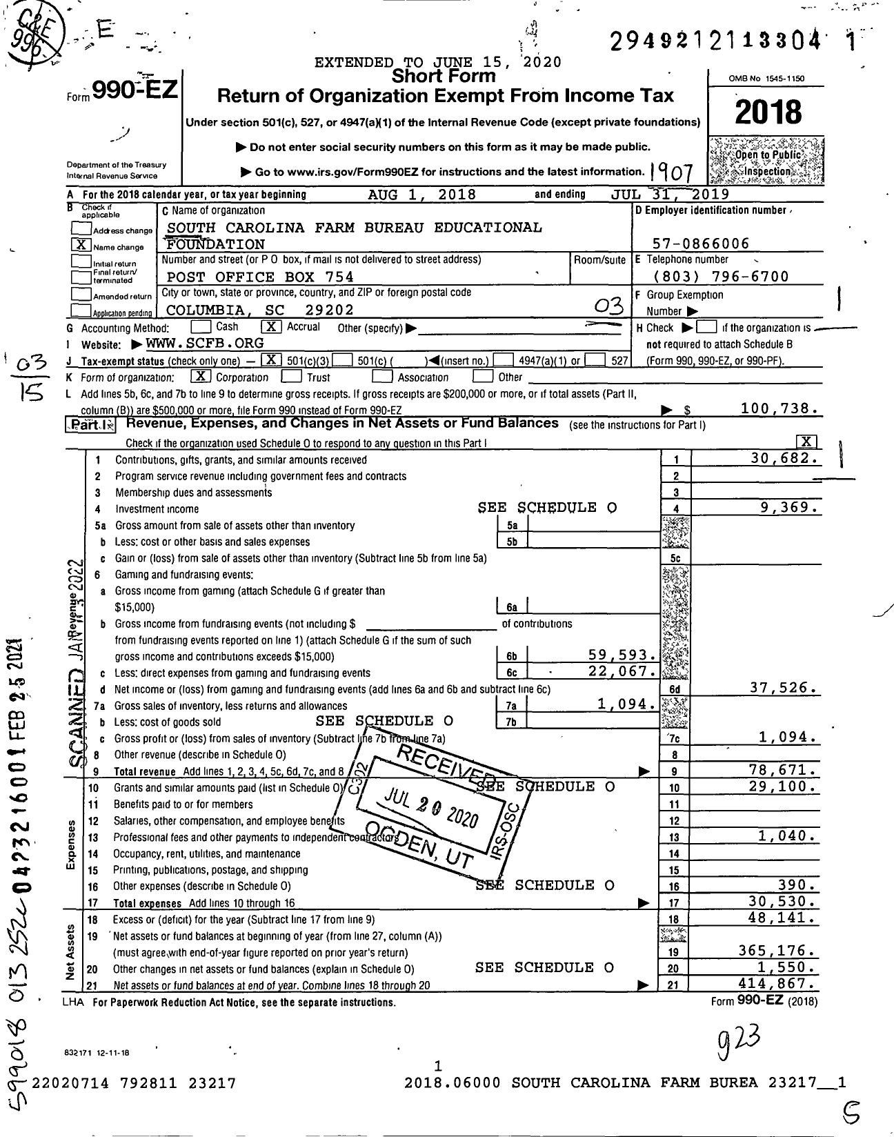 Image of first page of 2018 Form 990EZ for South Carolina Farm Bureau Educational Foundation