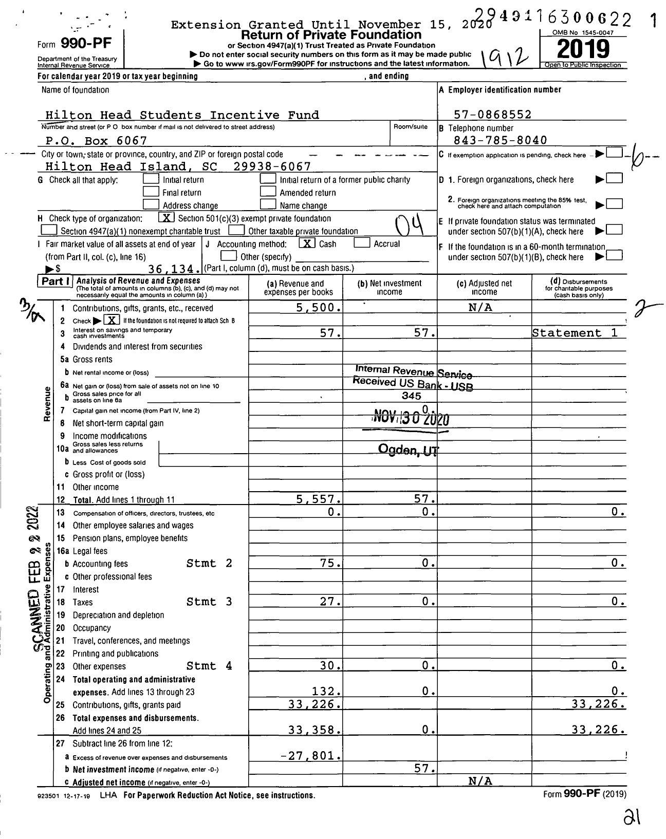 Image of first page of 2019 Form 990PF for Hilton Head Students Incentive Fund