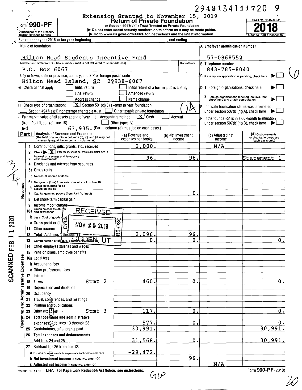 Image of first page of 2018 Form 990PF for Hilton Head Students Incentive Fund