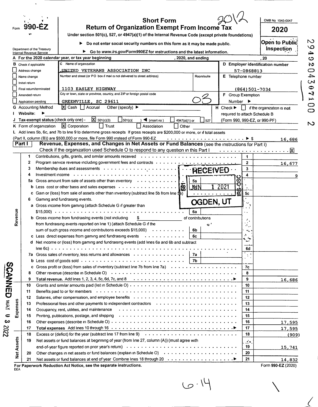 Image of first page of 2020 Form 990EZ for United Veterans Association