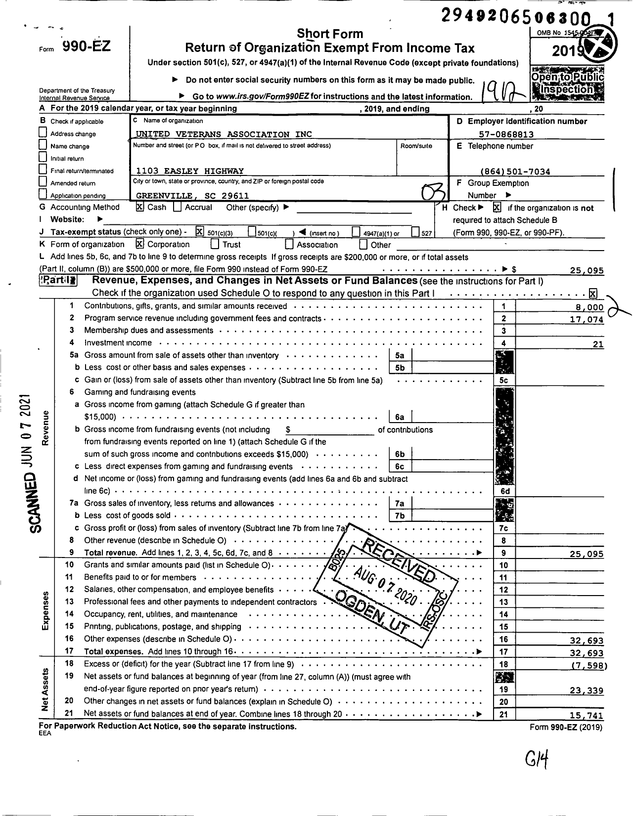 Image of first page of 2019 Form 990EZ for United Veterans Association