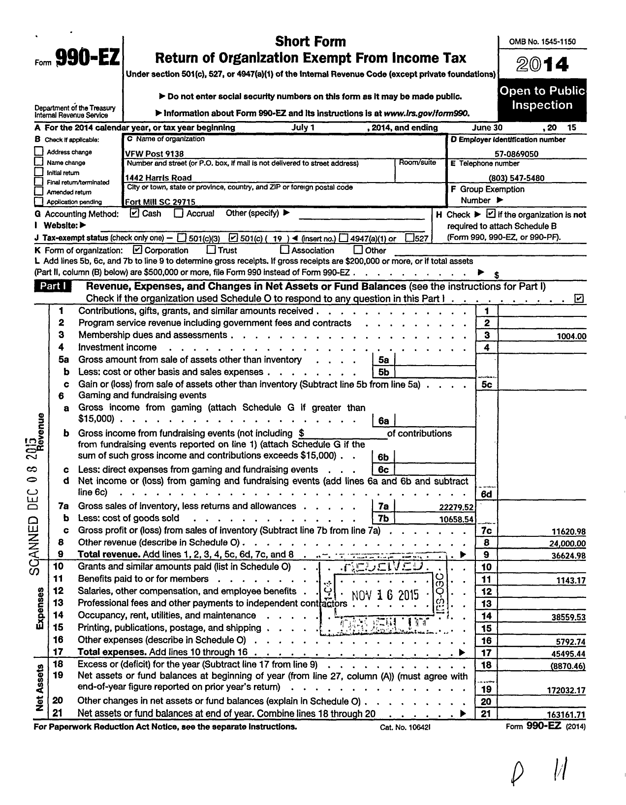 Image of first page of 2014 Form 990EO for James A Culp VFW Post 9138