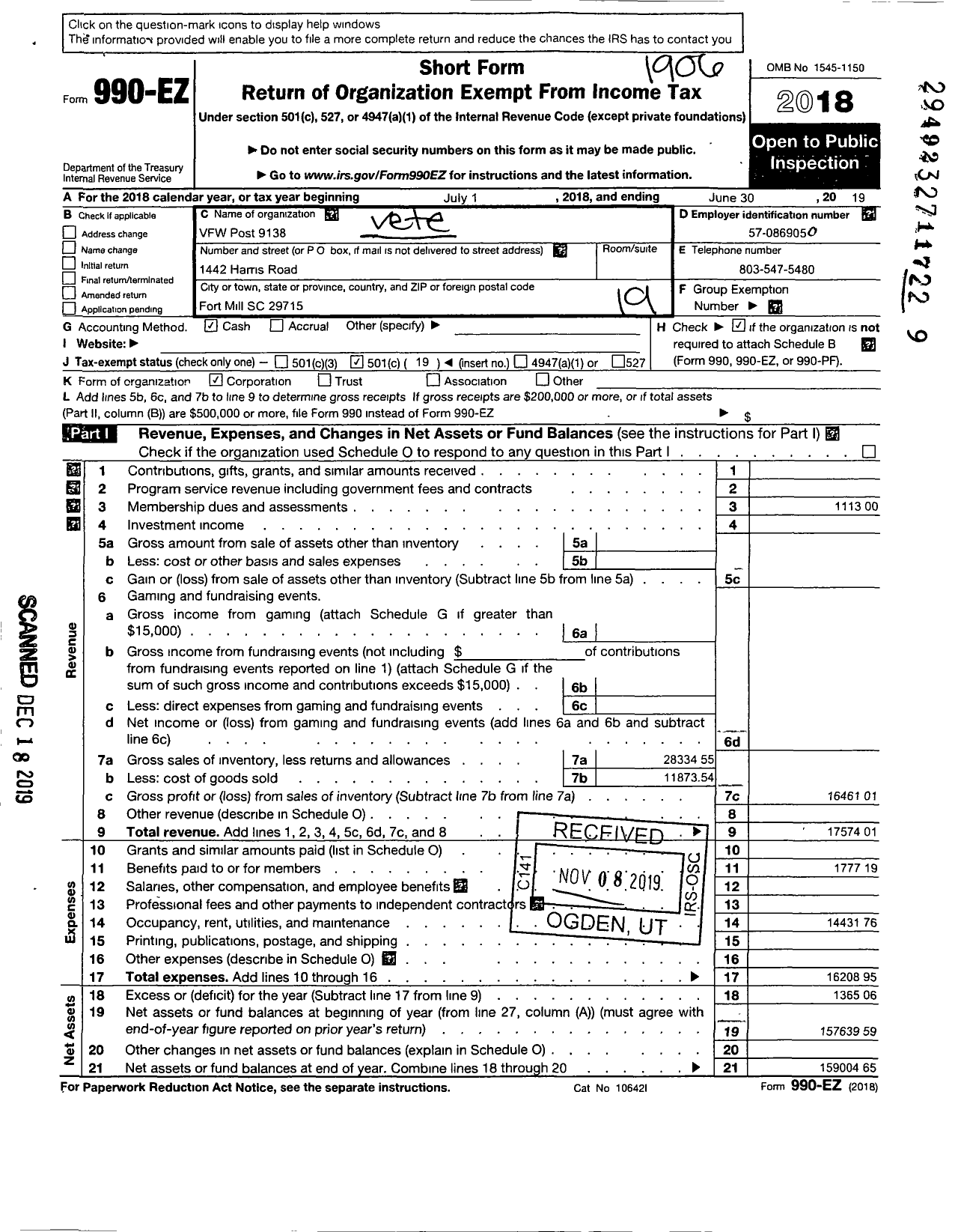 Image of first page of 2018 Form 990EO for James A Culp VFW Post 9138