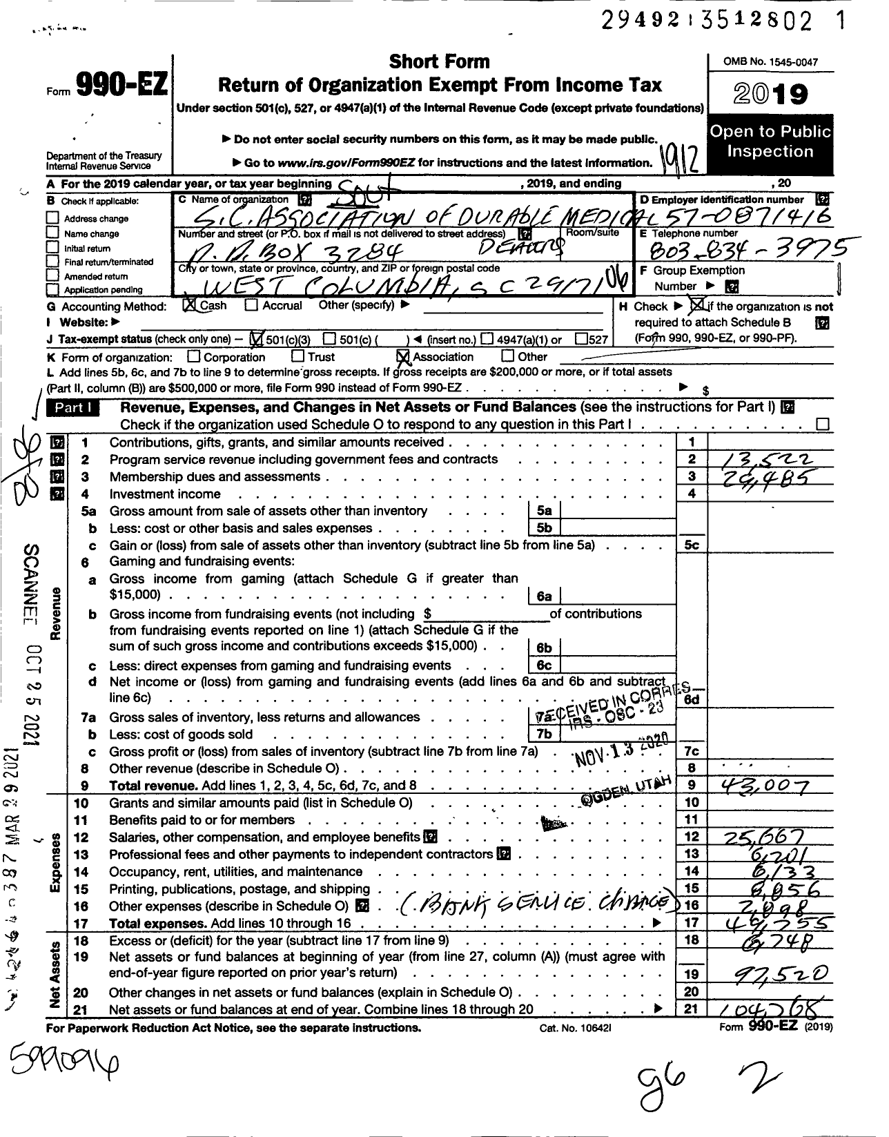 Image of first page of 2019 Form 990EO for S C Association of Durable Medical Equipment Dealers