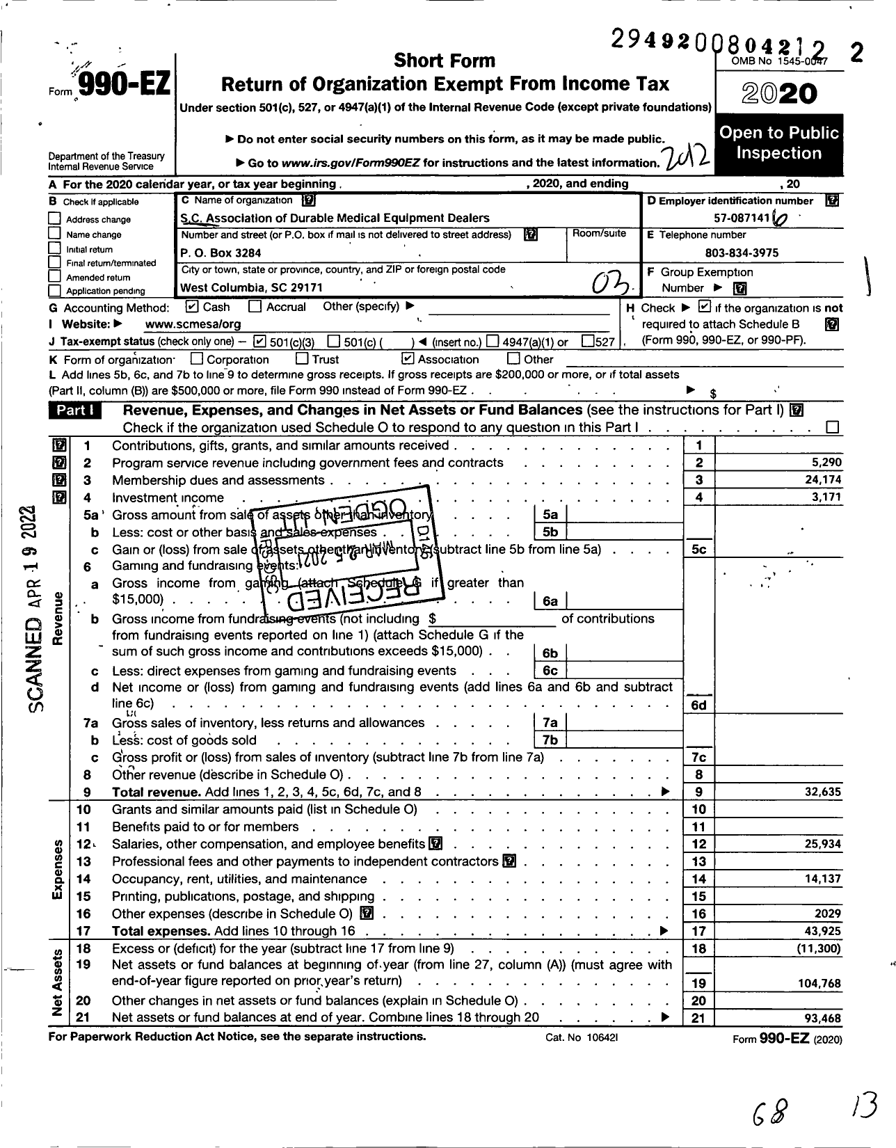 Image of first page of 2020 Form 990EZ for S C Association of Durable Medical Equipment Dealers